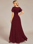 Glitter High-Low Front Side Slit Ruffled V-Neck Evening Dress – Burgundy