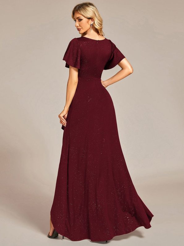 Glitter High-Low Front Side Slit Ruffled V-Neck Evening Dress - Burgundy