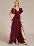 Glitter High-Low Front Side Slit Ruffled V-Neck Evening Dress – Burgundy