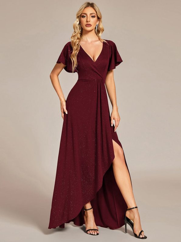 Glitter High-Low Front Side Slit Ruffled V-Neck Evening Dress - Burgundy