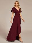 Glitter High-Low Front Side Slit Ruffled V-Neck Evening Dress – Burgundy