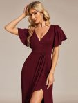 Glitter High-Low Front Side Slit Ruffled V-Neck Evening Dress – Burgundy