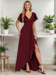 Glitter High-Low Front Side Slit Ruffled V-Neck Evening Dress – Burgundy