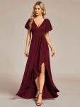 Glitter High-Low Front Side Slit Ruffled V-Neck Evening Dress - Burgundy