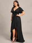 Plus Size Glitter Ruffled High-Low Front Slit Evening Dress – Black