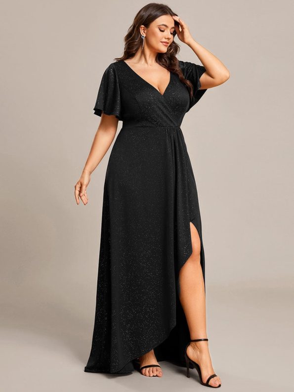 Plus Size Glitter Ruffled High-Low Front Slit Evening Dress - Black