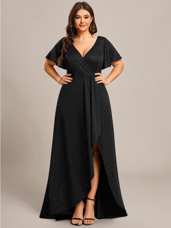 Plus Size Glitter Ruffled High-Low Front Slit Evening Dress - Black