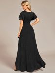 Glitter High-Low Front Side Slit Ruffled V-Neck Evening Dress – Black