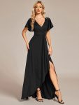 Glitter High-Low Front Side Slit Ruffled V-Neck Evening Dress – Black