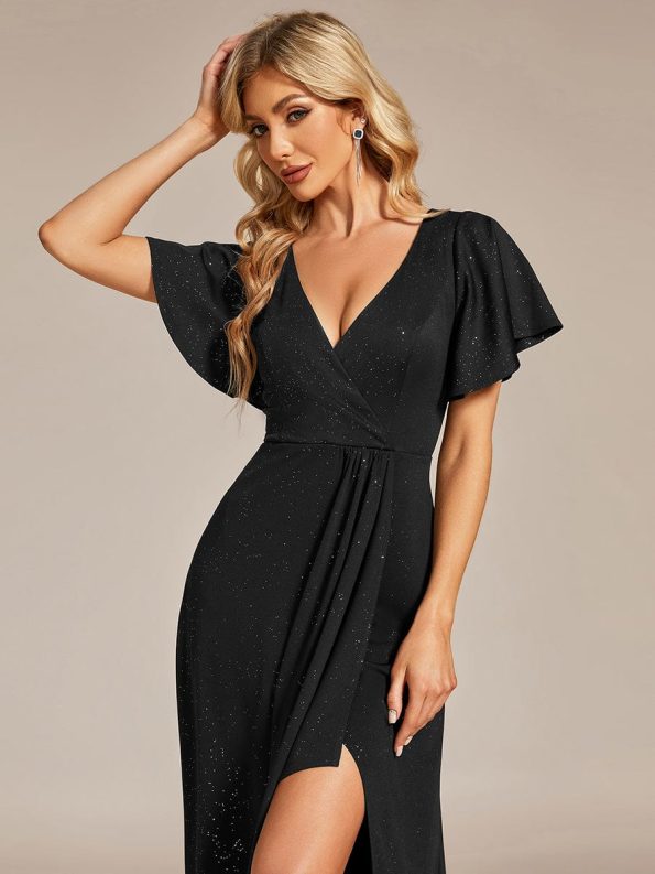 Glitter High-Low Front Side Slit Ruffled V-Neck Evening Dress - Black