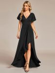 Glitter High-Low Front Side Slit Ruffled V-Neck Evening Dress – Black