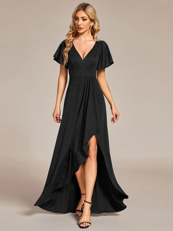 Glitter High-Low Front Side Slit Ruffled V-Neck Evening Dress - Black