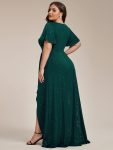 Plus Size Glitter Ruffled High-Low Front Slit Evening Dress – Dark Green