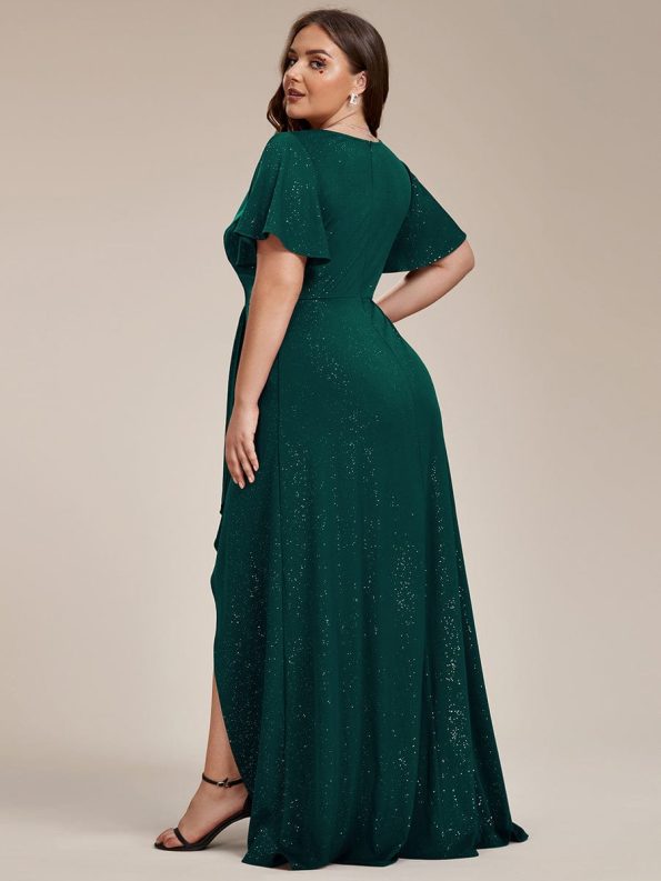 Plus Size Glitter Ruffled High-Low Front Slit Evening Dress - Dark Green