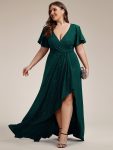 Plus Size Glitter Ruffled High-Low Front Slit Evening Dress – Dark Green