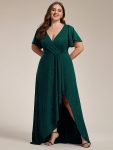 Plus Size Glitter Ruffled High-Low Front Slit Evening Dress – Dark Green