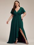 Plus Size Glitter Ruffled High-Low Front Slit Evening Dress – Dark Green