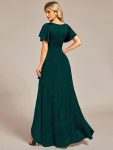 Glitter High-Low Front Side Slit Ruffled V-Neck Evening Dress – Dark Green