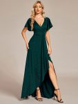 Glitter High-Low Front Side Slit Ruffled V-Neck Evening Dress – Dark Green