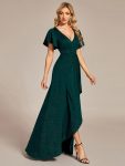 Glitter High-Low Front Side Slit Ruffled V-Neck Evening Dress – Dark Green