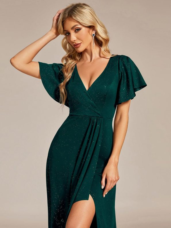 Glitter High-Low Front Side Slit Ruffled V-Neck Evening Dress - Dark Green