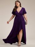 Plus Size Glitter Ruffled High-Low Front Slit Evening Dress – Dark Purple