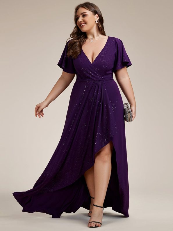 Plus Size Glitter Ruffled High-Low Front Slit Evening Dress - Dark Purple