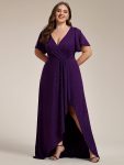 Glitter High-Low Front Side Slit Ruffled V-Neck Evening Dress – Dark Purple