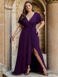 Glitter High-Low Front Side Slit Ruffled V-Neck Evening Dress – Dark Purple