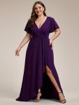 Plus Size Glitter Ruffled High-Low Front Slit Evening Dress – Dark Purple