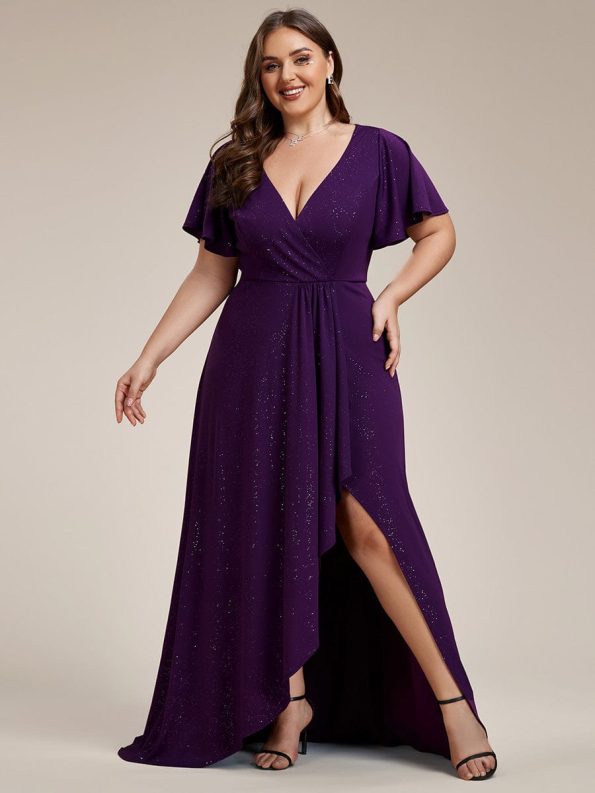 Plus Size Glitter Ruffled High-Low Front Slit Evening Dress - Dark Purple