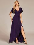 Glitter High-Low Front Side Slit Ruffled V-Neck Evening Dress – Dark Purple