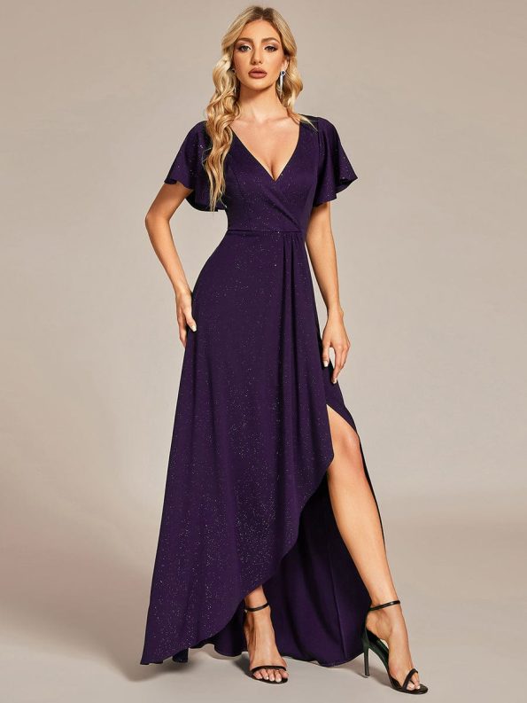 Glitter High-Low Front Side Slit Ruffled V-Neck Evening Dress - Dark Purple