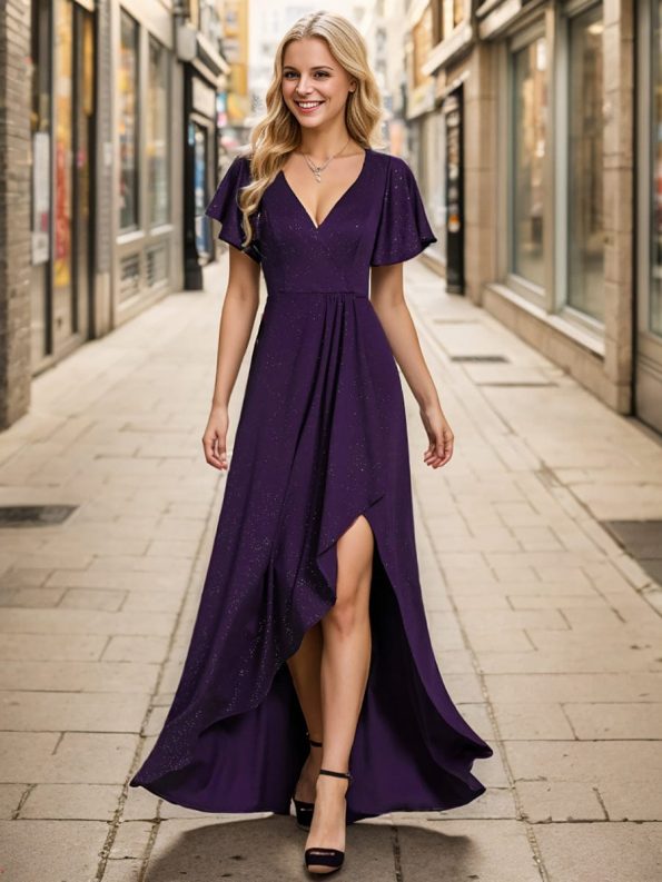 Glitter High-Low Front Side Slit Ruffled V-Neck Evening Dress - Dark Purple