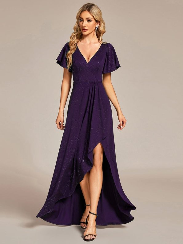 Glitter High-Low Front Side Slit Ruffled V-Neck Evening Dress - Dark Purple