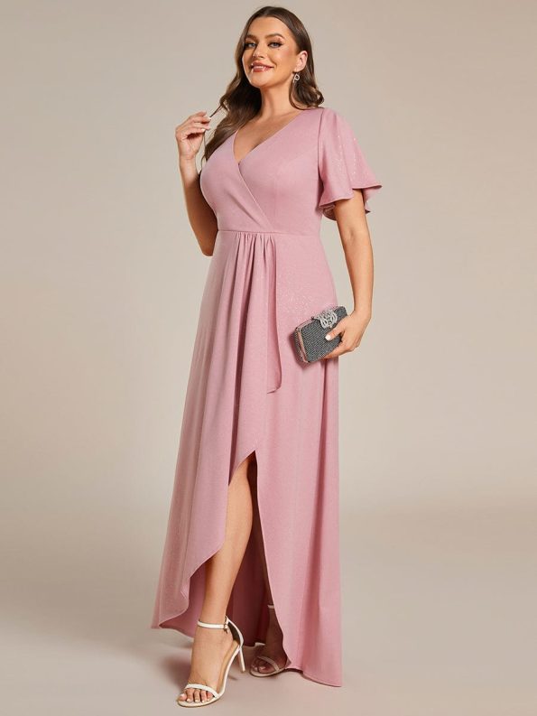 Plus Size Glitter Ruffled High-Low Front Slit Evening Dress - Dusty Rose