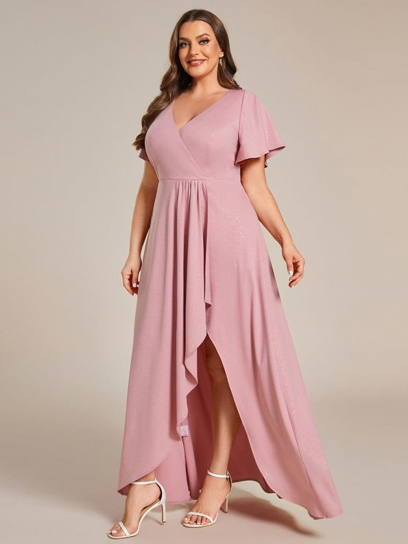 Plus Size Glitter Ruffled High-Low Front Slit Evening Dress - Dusty Rose