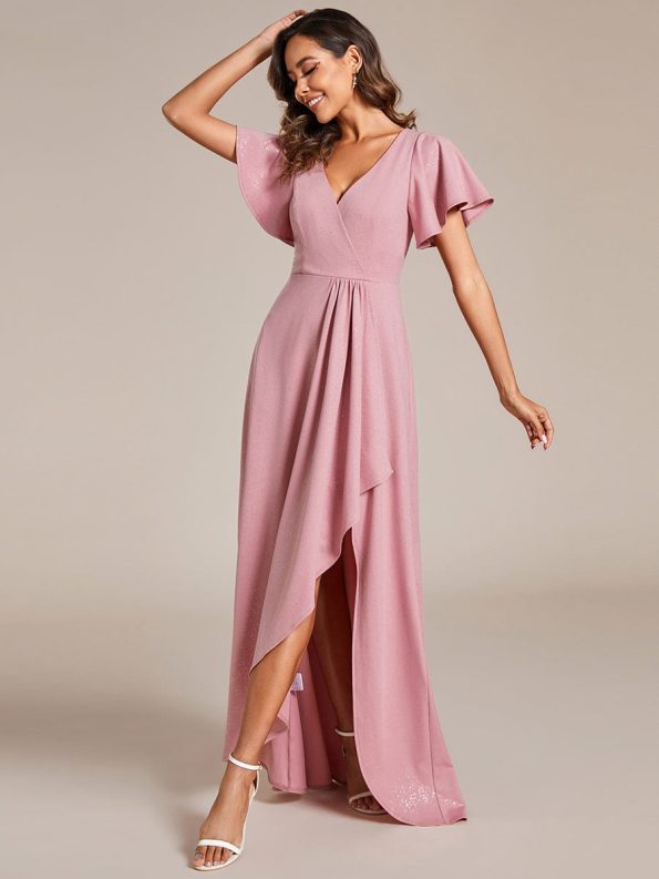 Glitter High-Low Front Side Slit Ruffled V-Neck Evening Dress - Dusty Rose