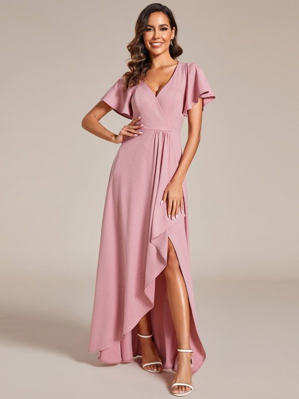 Glitter High-Low Front Side Slit Ruffled V-Neck Evening Dress - Dusty Rose