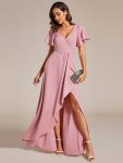 Glitter High-Low Front Side Slit Ruffled V-Neck Evening Dress – Dusty Rose