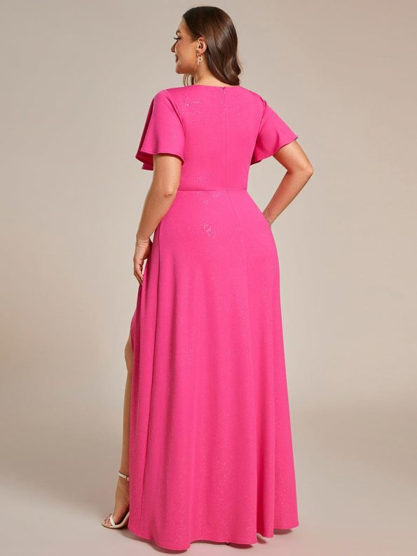 Glitter High-Low Front Side Slit Ruffled V-Neck Evening Dress - Hot Pink