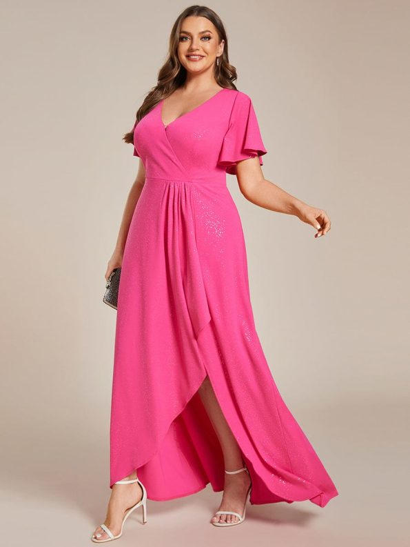 Plus Size Glitter Ruffled High-Low Front Slit Evening Dress - Hot Pink