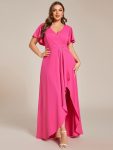 Plus Size Glitter Ruffled High-Low Front Slit Evening Dress – Hot Pink