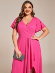 Glitter High-Low Front Side Slit Ruffled V-Neck Evening Dress – Hot Pink