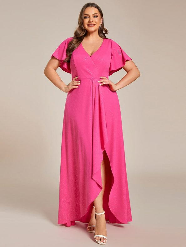 Plus Size Glitter Ruffled High-Low Front Slit Evening Dress - Hot Pink