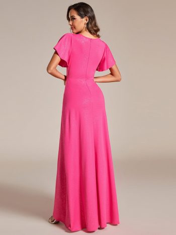 Glitter High-Low Front Side Slit Ruffled V-Neck Evening Dress - Hot Pink