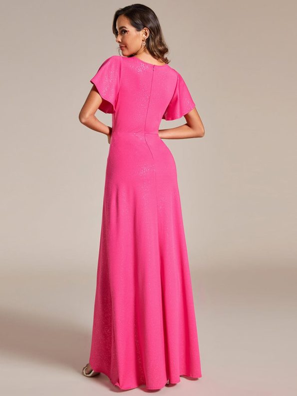 Glitter High-Low Front Side Slit Ruffled V-Neck Evening Dress - Hot Pink