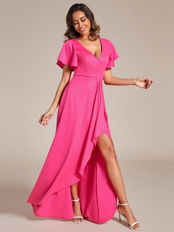 Glitter High-Low Front Side Slit Ruffled V-Neck Evening Dress - Hot Pink