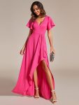 Glitter High-Low Front Side Slit Ruffled V-Neck Evening Dress – Hot Pink