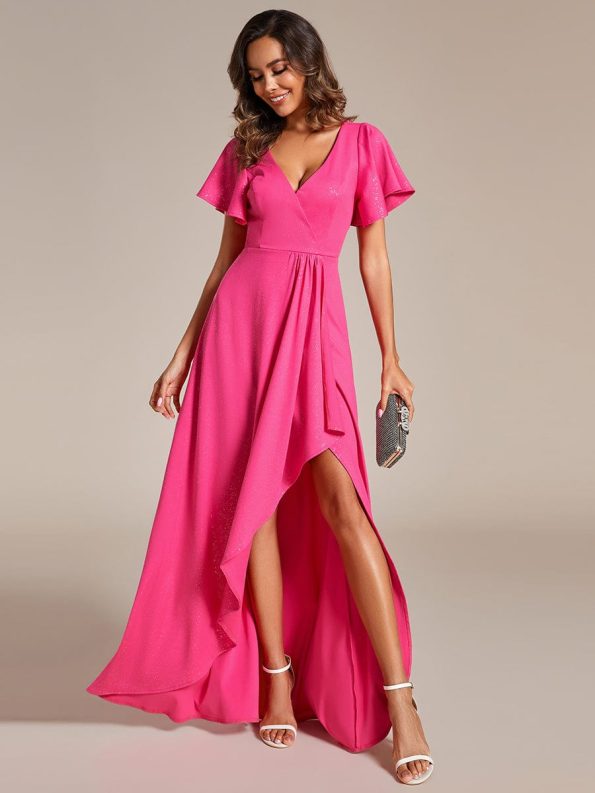 Glitter High-Low Front Side Slit Ruffled V-Neck Evening Dress - Hot Pink